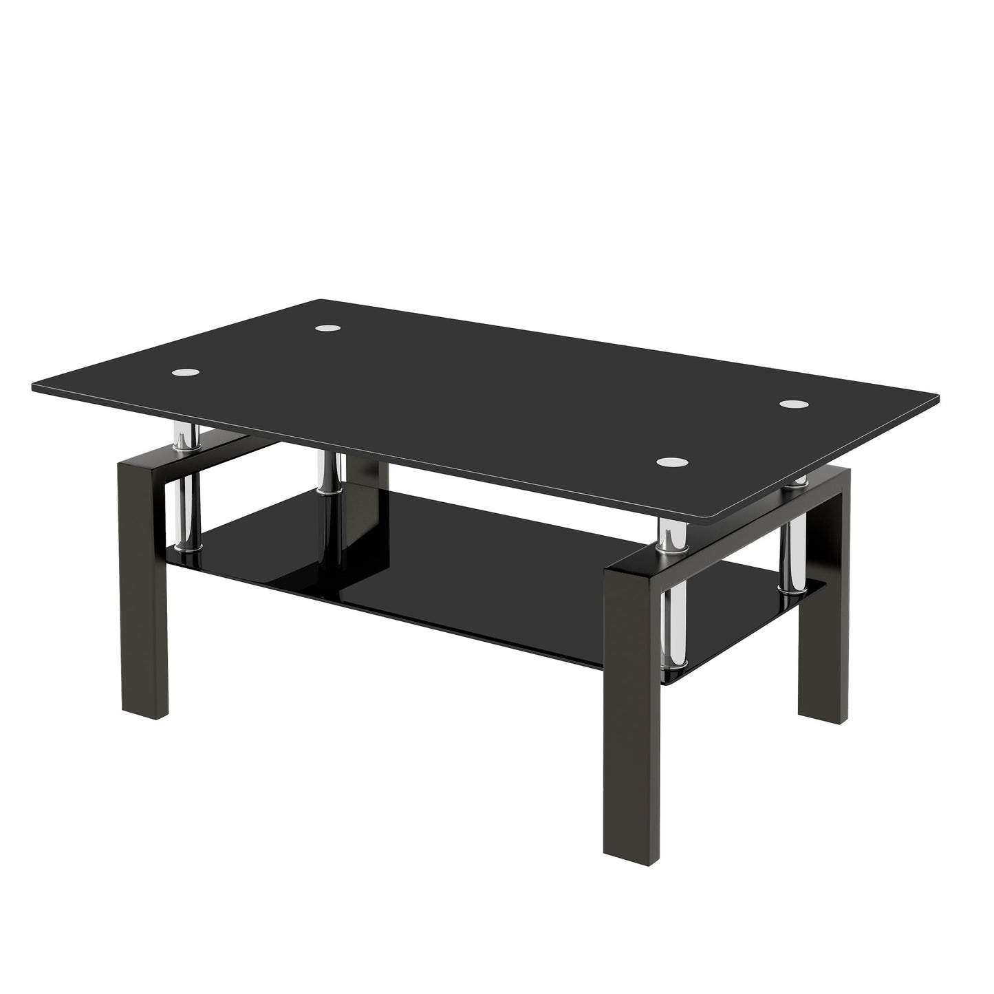 Black Tempered Glass Coffee Table, 2 Layer Storage Tea Table eprolo