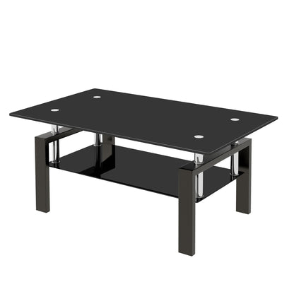 Black Tempered Glass Coffee Table, 2 Layer Storage Tea Table eprolo