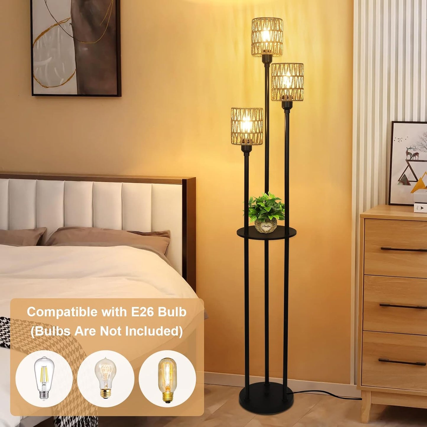Boho Floor Lamp with Shelves 3-Lights Farmhouse Tall Floor Lamp with ON/OFF Foot Switch Rustic Standing Lamp with Rattan Shades eprolo