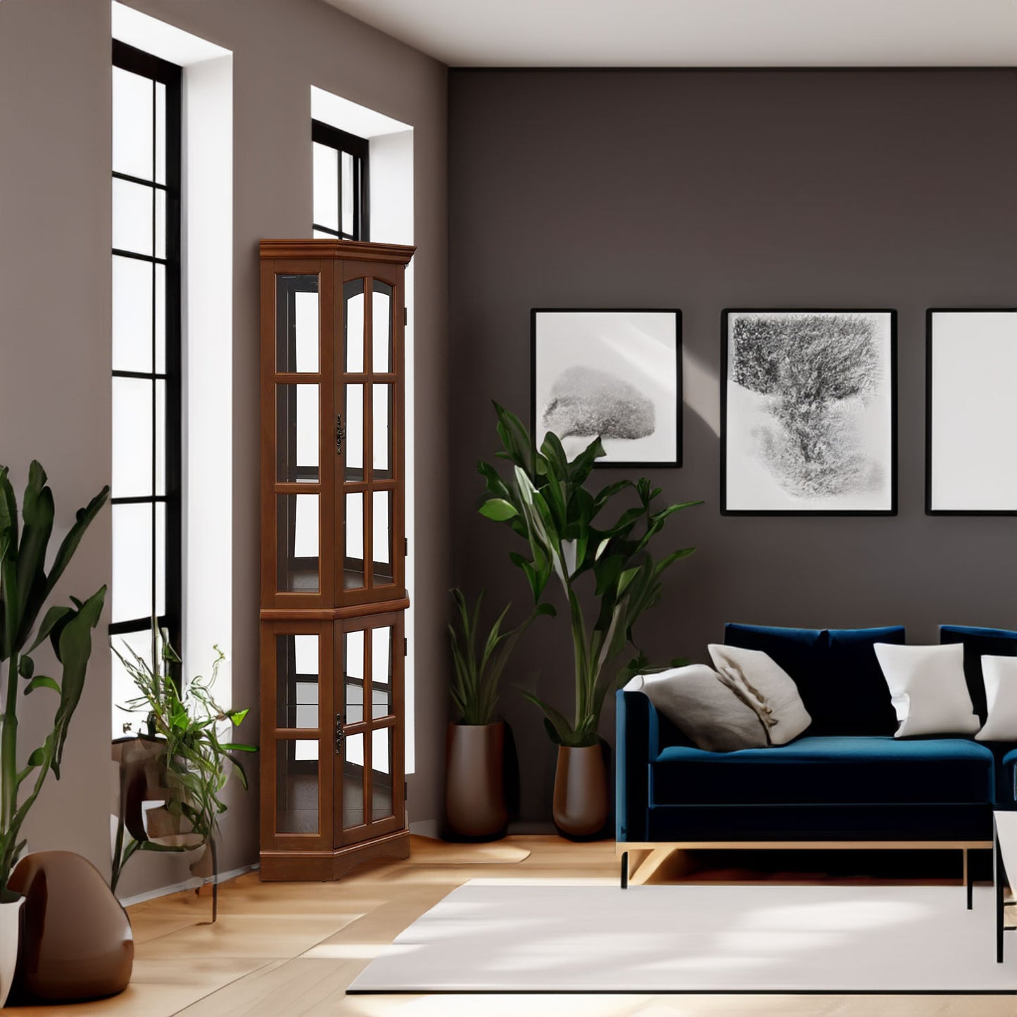 Luxury Corner Curio Cabinet with LED Lighting - 5-Shelf Display Cabinet in Walnut