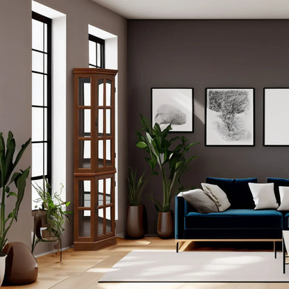 Luxury Corner Curio Cabinet with LED Lighting - 5-Shelf Display Cabinet in Walnut - Shello's Creative Boutique