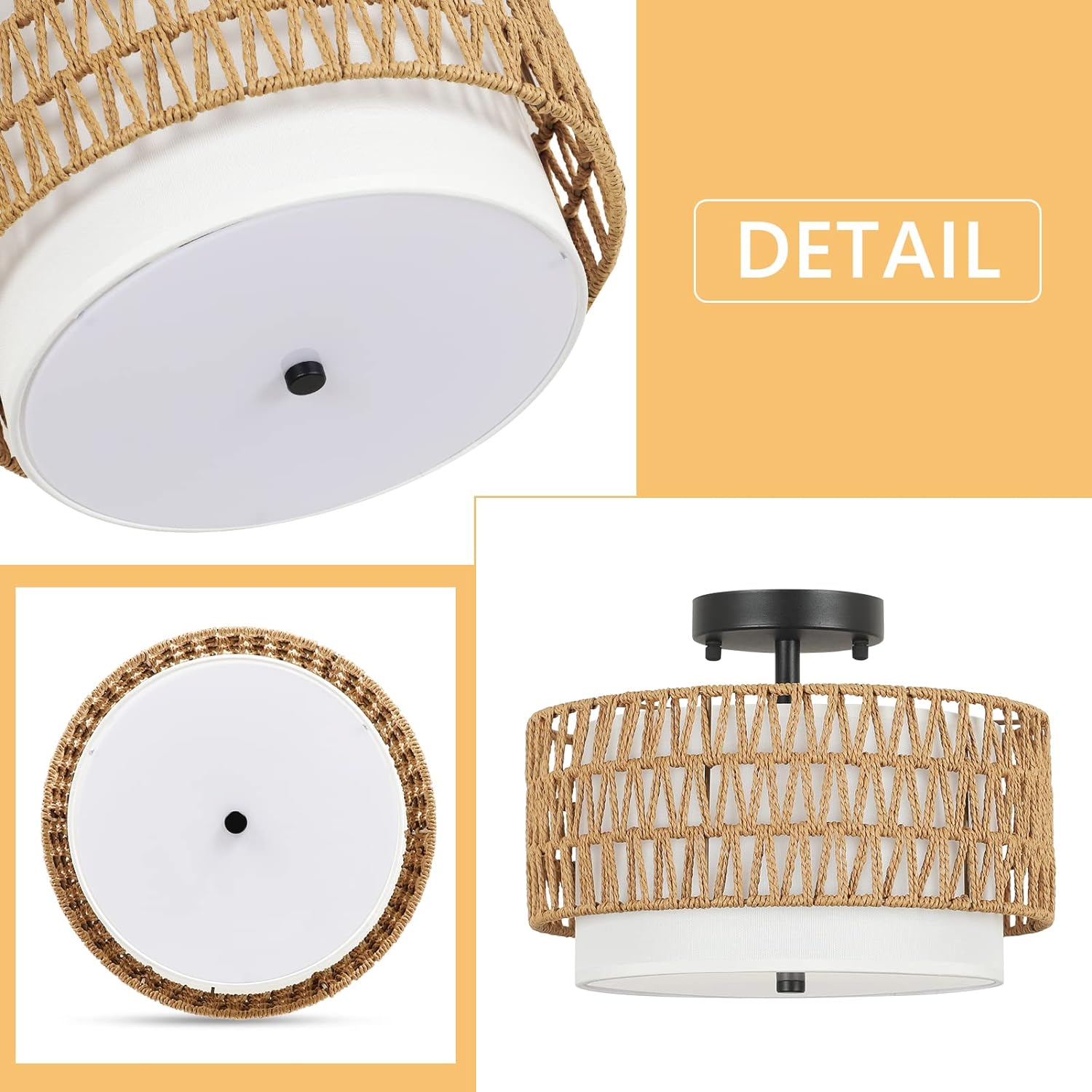 3-Light Semi Flush Mount Ceiling Light Fixture, Boho Rattan Light Fixtures Ceiling, Farmhouse Drum Light with Fabric Shade eprolo