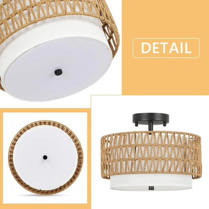 3-Light Semi Flush Mount Ceiling Light Fixture, Boho Rattan Light Fixtures Ceiling, Farmhouse Drum Light with Fabric Shade - Shello's Creative Boutique