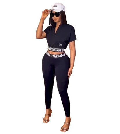 European and American women fashion casual printing black two piece set - Shello's Creative Boutique