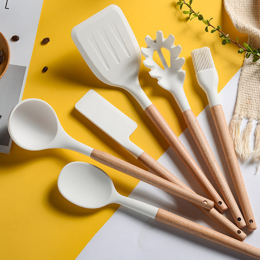 Milky White Silicone Kitchen Set Non-Stick Silicone Kitchen Utensils Cooking Spatula 10-Piece Set With Storage Bucket eprolo
