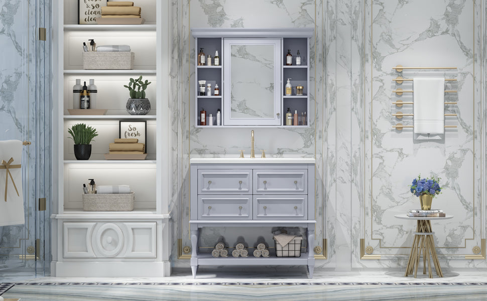 36'' Bathroom Vanity with Medicine Cabinet, Modern Mirror Cabinet with Adjustable Shelf, Bathroom Storage Cabinet with 4 Drawers eprolo