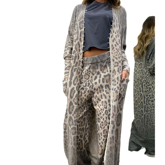 New leopard print long sleeved cardigan jacket, long pants set, two-piece set for women - Shello's Creative Boutique