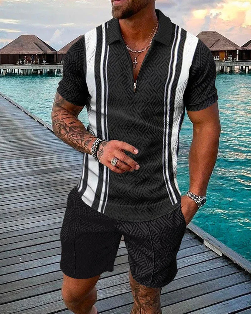 New Men's Fashion Casual Suit 3D Print Zip Short Sleeve Polo Shirt Shorts 2 Piece Set - Shello's Creative Boutique