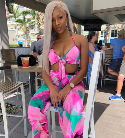 Sexy Beach Style 2 piece Women Set Print Halter Strapless Long Pant Bodycon Set - Shello's Creative Boutique