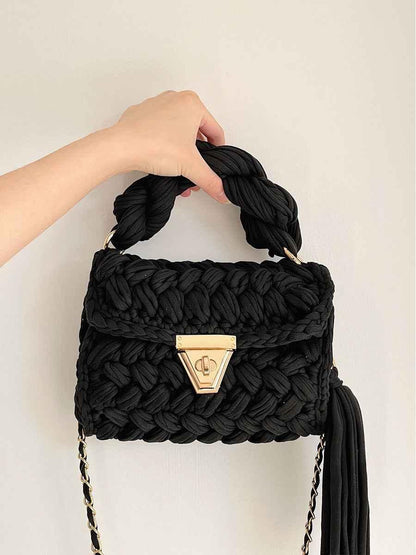 Women Crochet Shoulder Bag - Hand Woven Crochet Tassel Bag with Fried Dough Twists - Shello's Creative Boutique