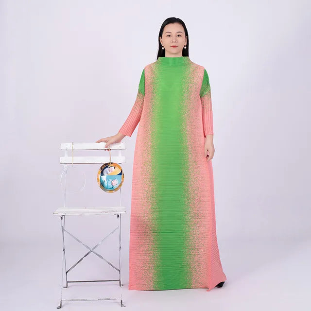 Spring Multicolor Printing Round Neck Long Sleeve Loose Plus Size Luxury Evening Dresses eprolo