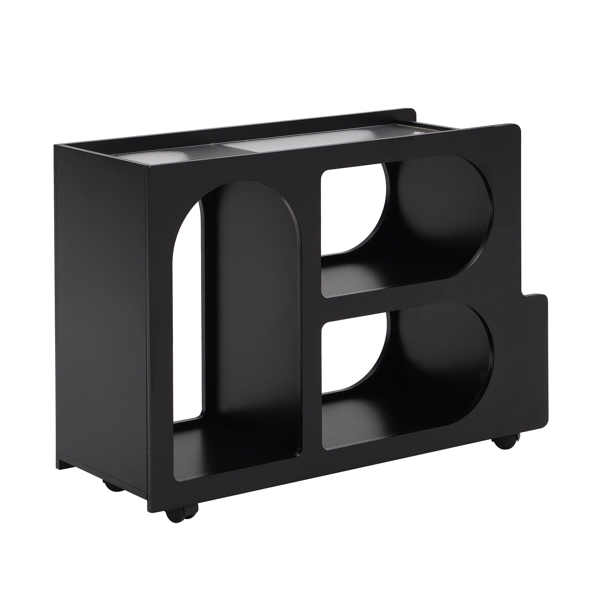 Stylish mobile desk with lockable wheels,bedside table with 5mm thick grooved tempered glass and gold round bars ，black eprolo