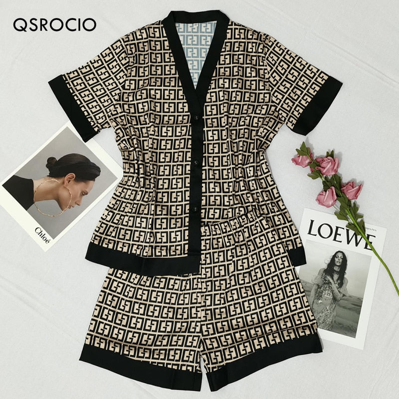 QSROCIO Women's Pajamas Set Luxury Fashion Cross Letters Print Short Sleeve Sleepwear Silk Like Leisure Home Clothes Nightwear eprolo