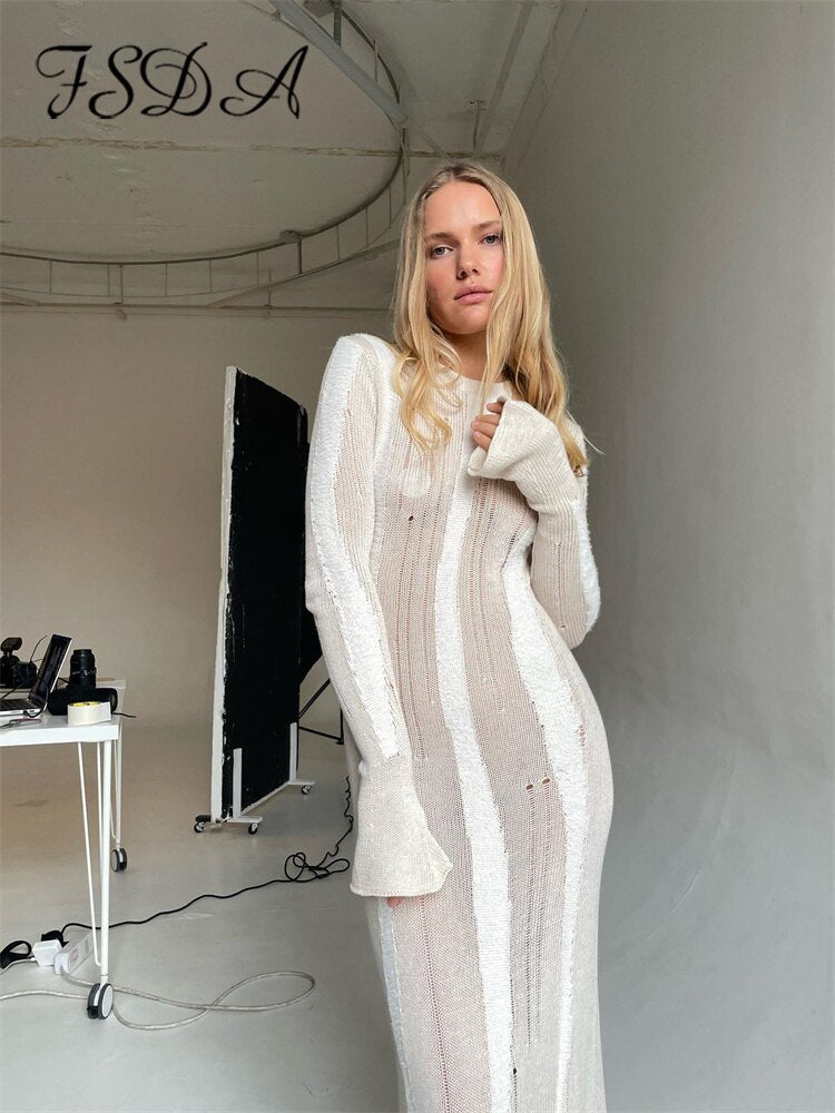 Knitted  O Neck Long Sleeve Sweater Dress Women Autumn Winter Sexy Skinny Bodycon Midi Dresses Casual Y2K Outfits eprolo