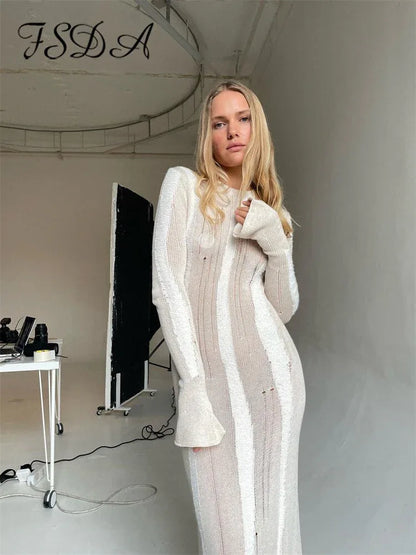 Knitted O-Neck Long Sleeve Bodycon Sweater Dress – Sexy Y2K Midi for Autumn & Winter - Shello's Creative Boutique