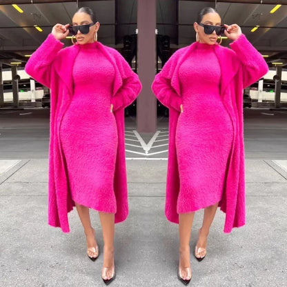 Women's autumn and winter new fashionable loose cardigan jacket double-sided velvet dress set for women - Shello's Creative Boutique