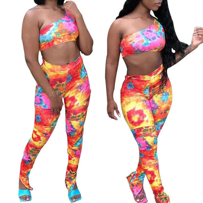 Sexy Ladies Fashion Print One Shoulder Sleeveless Vest Tights Set Two Piece Set - Shello's Creative Boutique