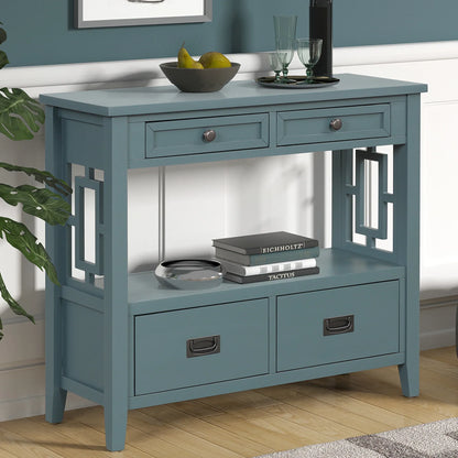 Farmhouse Pine Console Table - 36" Entry Table with 4 Drawers & Storage Shelf in Blue - Shello's Creative Boutique