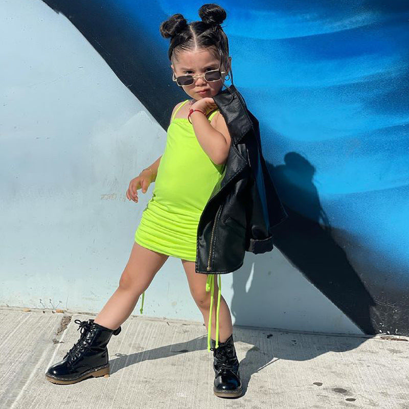 Children's Wear New Ins Wear Girls Sling Drawstring Dress European And American Girls eprolo