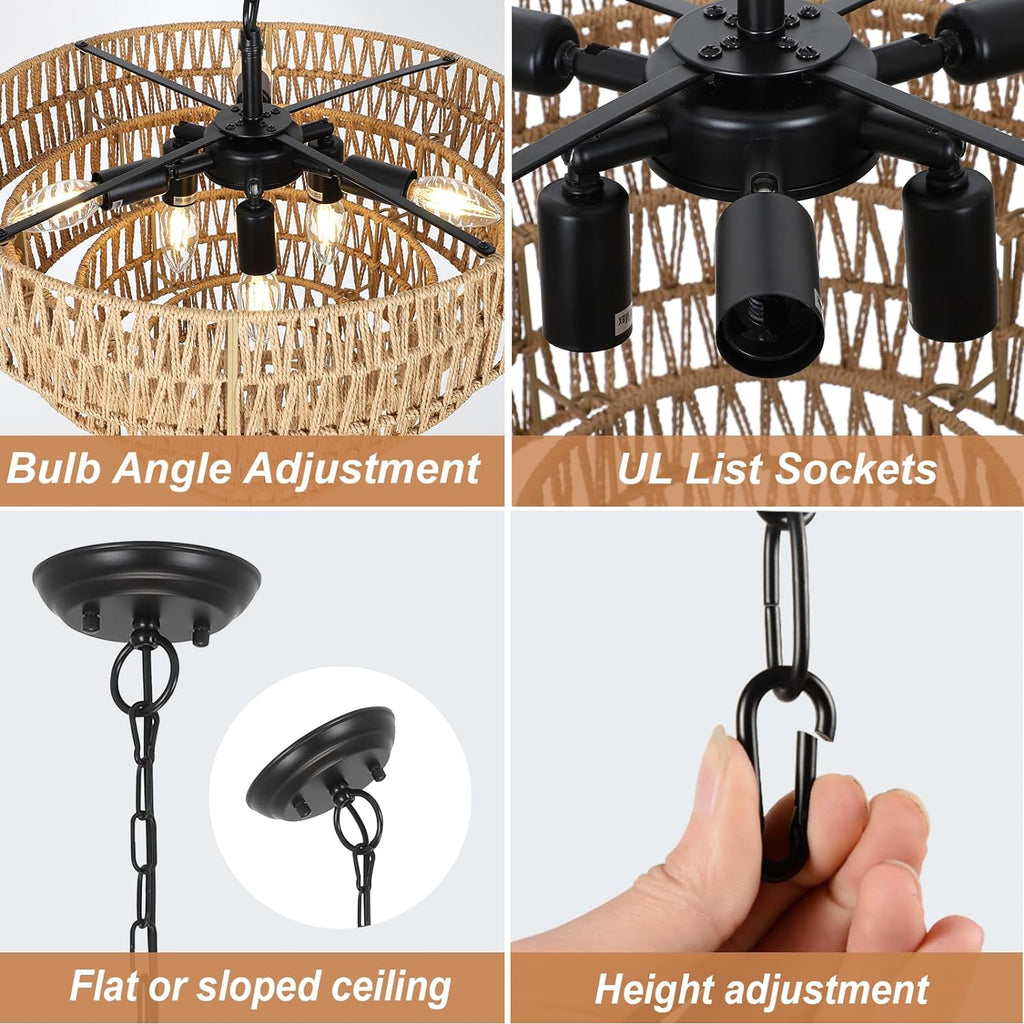 6-Light Dining Room Light Fixture, Wicker Pendant Lighting with 4-Tier Woven Lampshade, Large Farmhouse Chandeliers (20") eprolo