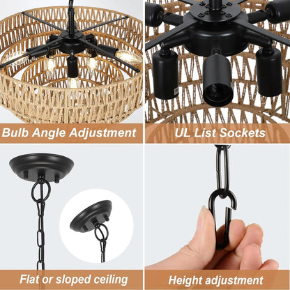 6-Light Dining Room Light Fixture, Wicker Pendant Lighting with 4-Tier Woven Lampshade, Large Farmhouse Chandeliers (20") - Shello's Creative Boutique