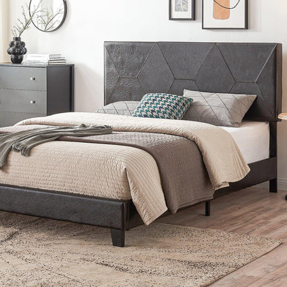 Queen Size Upholstered Platform Bed Frame Wood Slat Support Easy Assembly Black pu - Shello's Creative Boutique