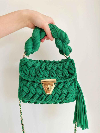 Women Crochet Shoulder Bag - Hand Woven Crochet Tassel Bag with Fried Dough Twists - Shello's Creative Boutique