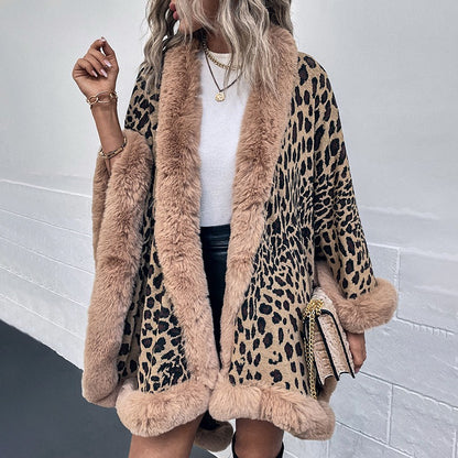 Autumn and Winter Wool Collar Cape Cardigan Leopard Cape Sweater Women eprolo