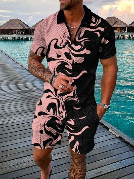 New Men's Fashion Casual Suit 3D Print Zip Short Sleeve Polo Shirt Shorts 2 Piece Set - Shello's Creative Boutique