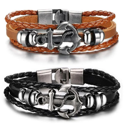 Vnox Anchor Bracelet Black Braided Leather Charm Men Jewelry - Shello's Creative Boutique