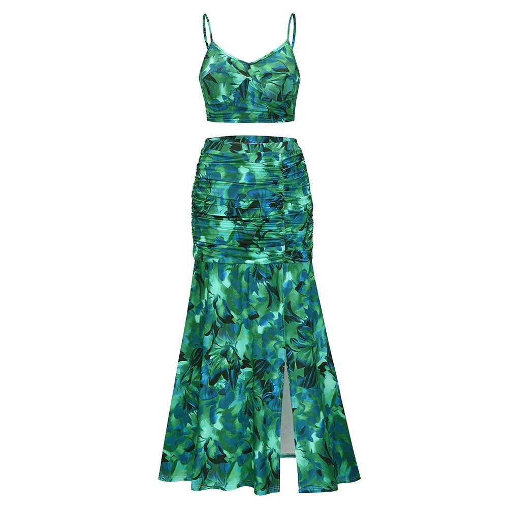 Plus Size Printed Two-Piece Dress with Slit - Pleated Sling Dress Set - Shello's Creative Boutique