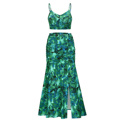 Plus Size Printed Two-Piece Dress with Slit - Pleated Sling Dress Set - Shello's Creative Boutique