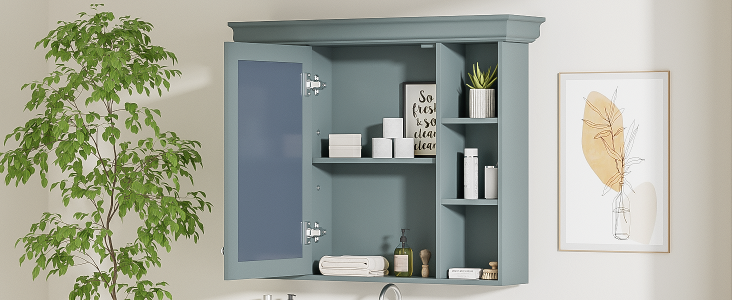 35 ''x 28' 'blue wall mounted bathroom storage cabinet with mirror door and medication cabinet with 6 open shelves eprolo