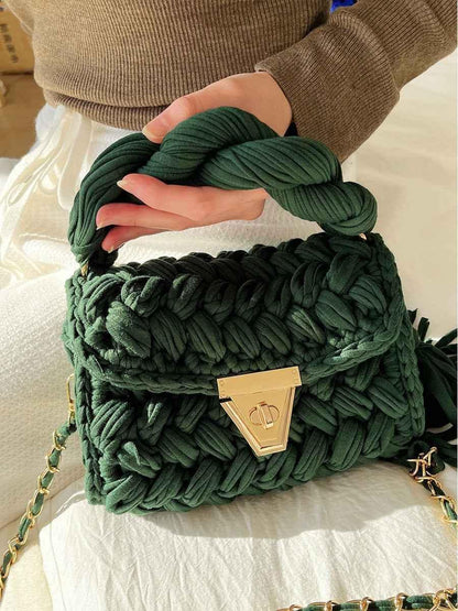 Women Crochet Shoulder Bag - Hand Woven Crochet Tassel Bag with Fried Dough Twists - Shello's Creative Boutique