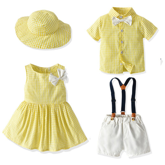 New Childrens Wear Boys and Girls Summer Checker Casual Suit Siblings Baby Set eprolo