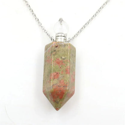 Natural Crystal Hexagonal Perfume Bottle Pendant Necklace Fluorite Pendant Essential Oil Jar Chain Necklace - Shello's Creative Boutique