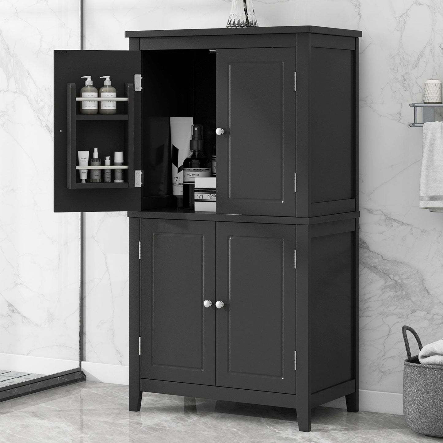 Bathroom floor storage cabinet, bathroom storage cabinet, 4-door independent cabinet, adjustable shelf, adaptive shelf, black eprolo