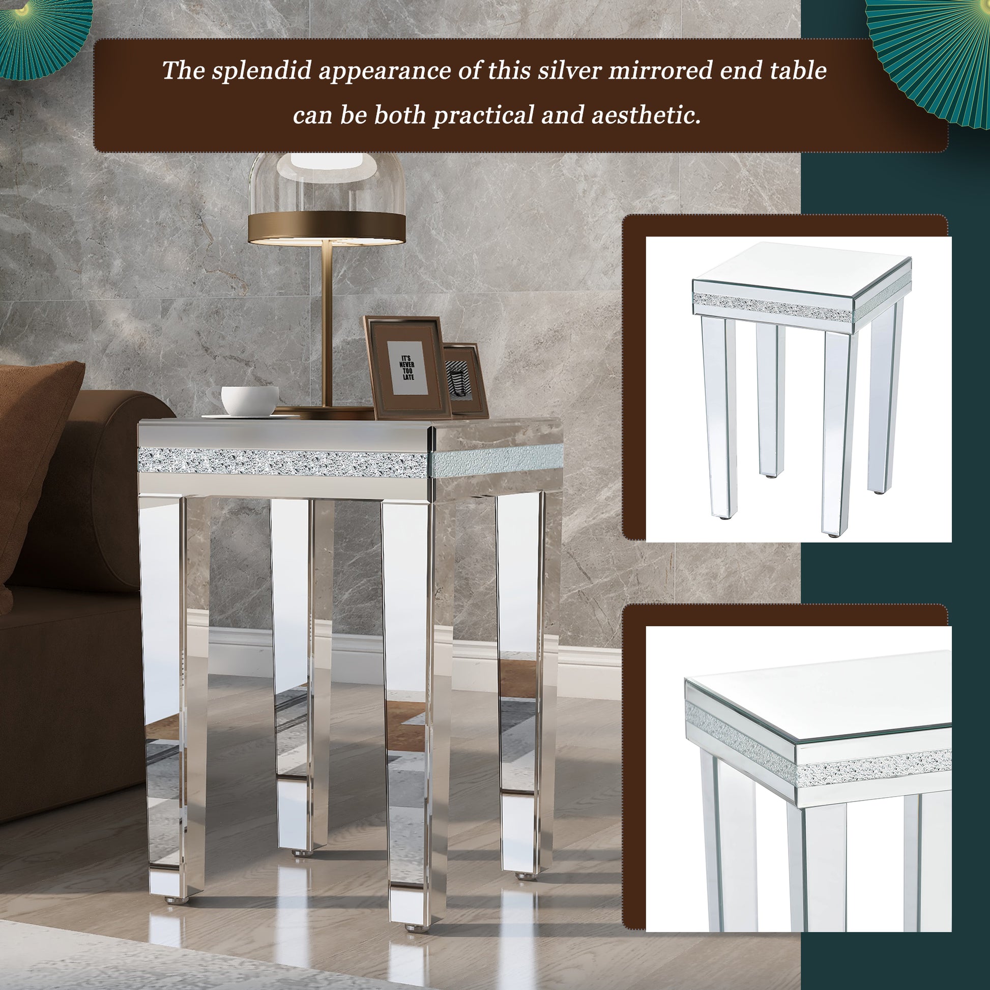 ON-TRANS glass mirror edge table, easy to assemble crystal design and adjustable height leg edge table, silver eprolo