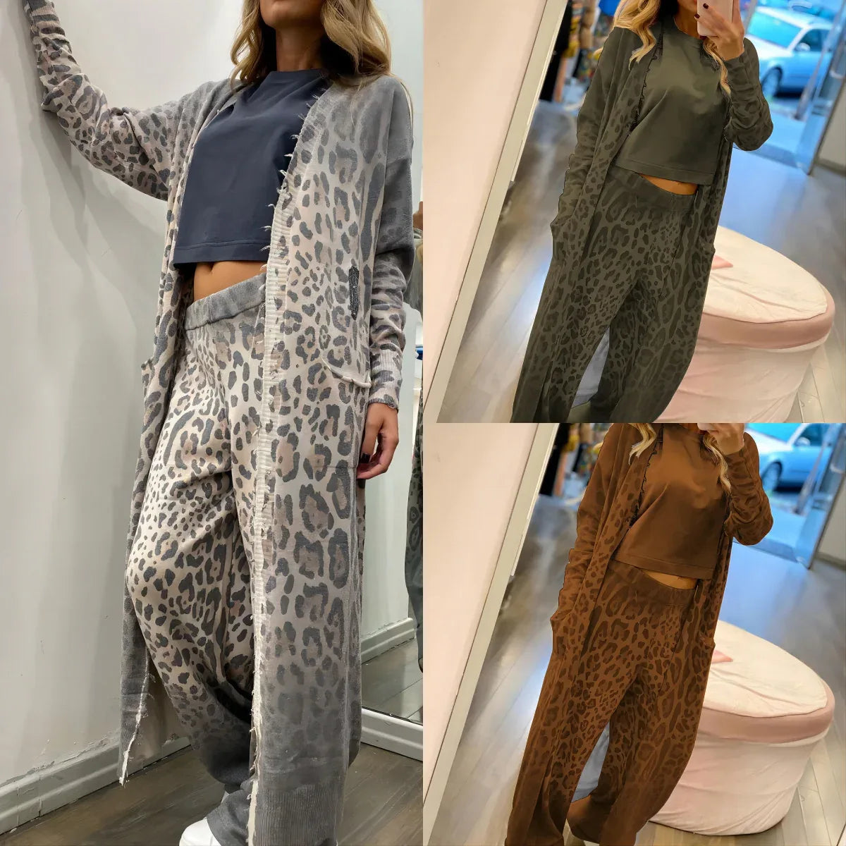 New leopard print long sleeved cardigan jacket, long pants set, two-piece set for women - Shello's Creative Boutique