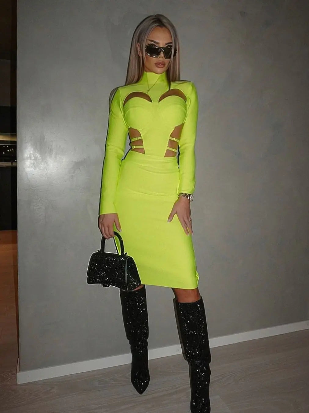 New Fluorescent Green Sexy Hollow Out Bodycon Design  Bandage Dress Women'S Long Sleeve Fashion Club Party Vesidos eprolo