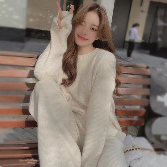 Knitted Sweater Suit Women's Autumn And Winter New Style Net Red Fashion Temperament Wide Leg Pants Two-Piece Set - Shello's Creative Boutique