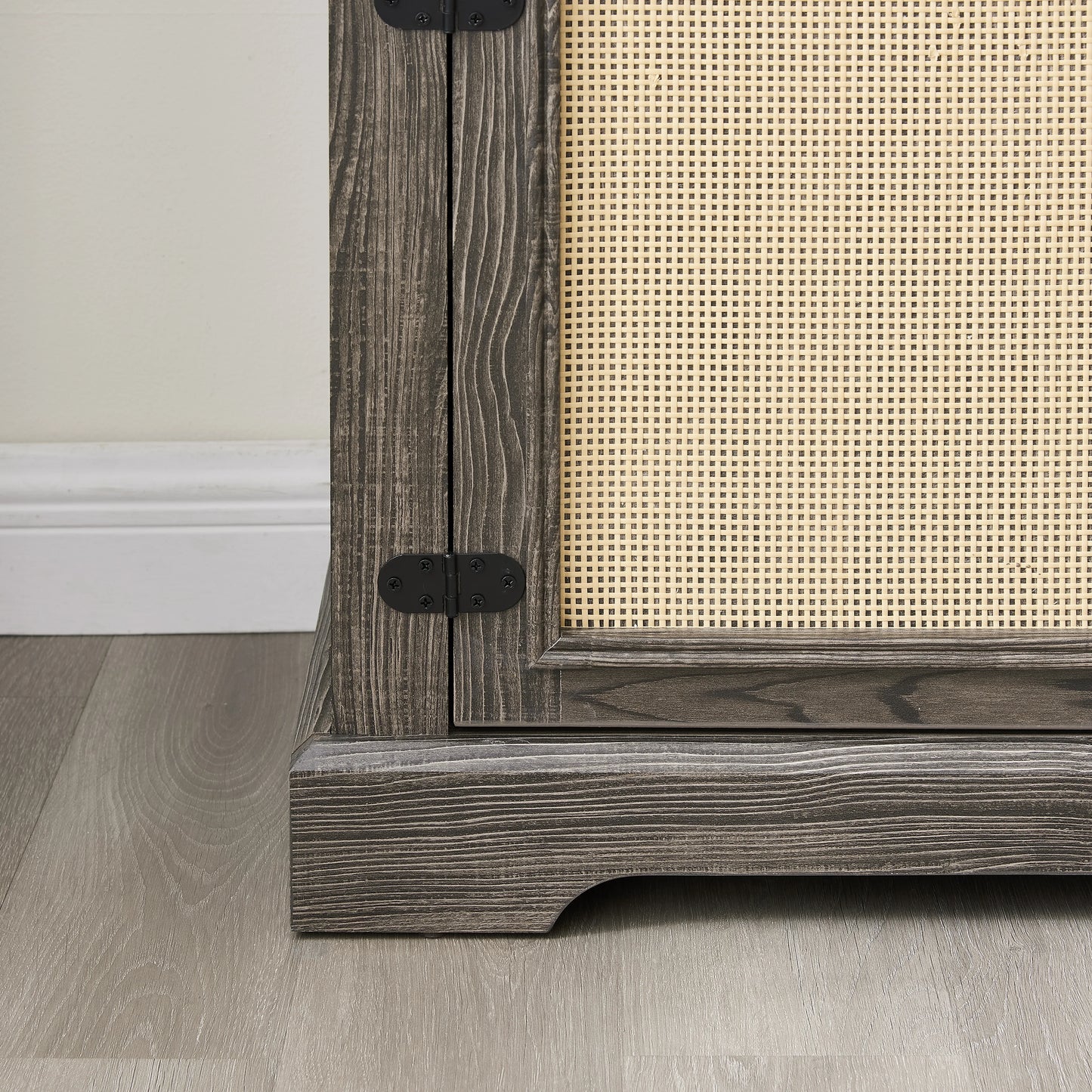 Vine TV stand console table, suitable for TVs under 70 inches, equipped with 2 storage shelves and 2 natural rattan doors, gray - Shello's Creative Boutique