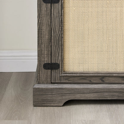 Vine TV stand console table, suitable for TVs under 70 inches, equipped with 2 storage shelves and 2 natural rattan doors, gray - Shello's Creative Boutique