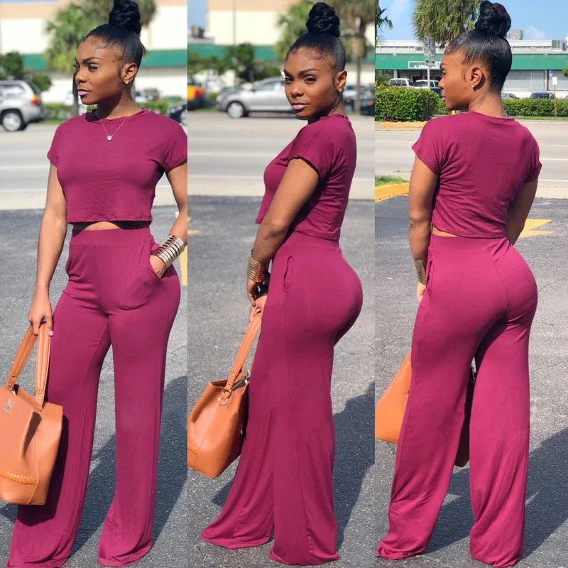 Casual Two Piece Set Crop Top and Wide Leg Pants Fall Sexy 2 Piece Outfits for Women Clothing Set - Shello's Creative Boutique