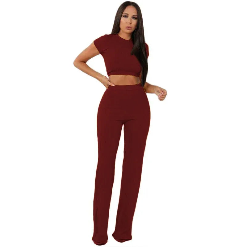Women knitted long sleeve o-neck crop top wide leg pants 2 piece set for female women tops pants two pieces sets women's suits - Shello's Creative Boutique