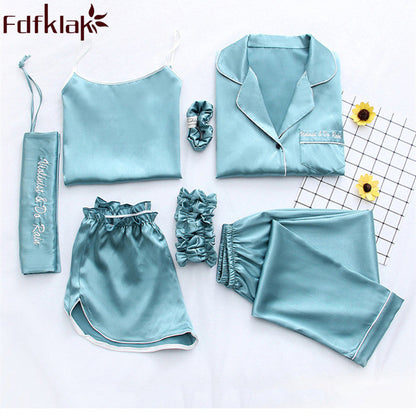 Fdfklak Home Clothes Sexy Pijama 7 Pieces Silk Pajamas For Women Night Suit Sleepwear Sets Pyjamas Women Spring Summer Q1047 eprolo