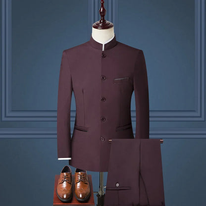 Mens Suits Set (Jacket+Pants+Vest) Stand Collar Chinese Style Slim Fit Suits 3 Piece Wedding Men Clothing - Shello's Creative Boutique