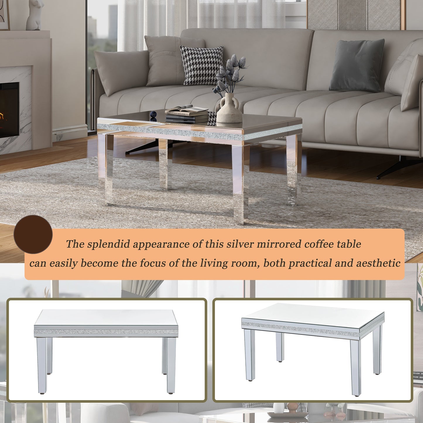 The ON-TRANS stylish modern glass mirrored coffee table features a crystal design and adjustable height legs in silver eprolo