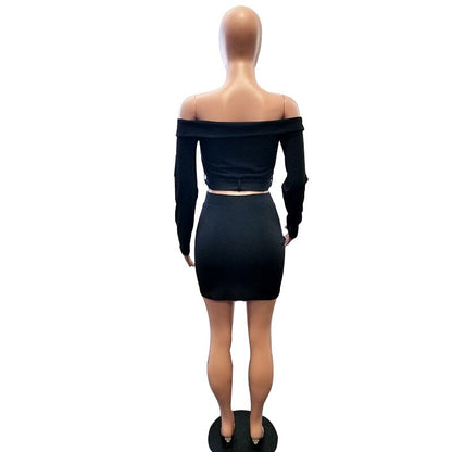 2 Piece Set Women Clothes Solid Off Shoulder Zipper Bodycon 2 Piece Set Women Long Sleeve Belt Top And Skirt Set eprolo