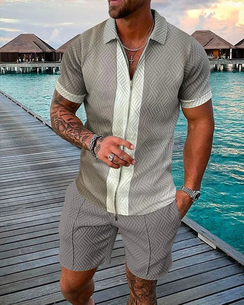 New Men's Fashion Casual Suit 3D Print Zip Short Sleeve Polo Shirt Shorts 2 Piece Set - Shello's Creative Boutique